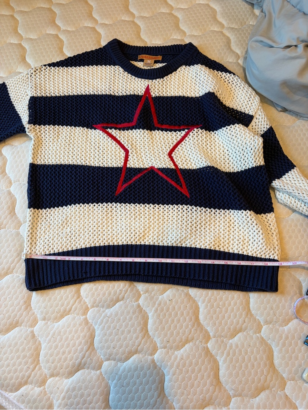 JOLLIDAY Striped  Navy & Cream Crewneck Sweater with Red Star - women - Picture 5 of 7